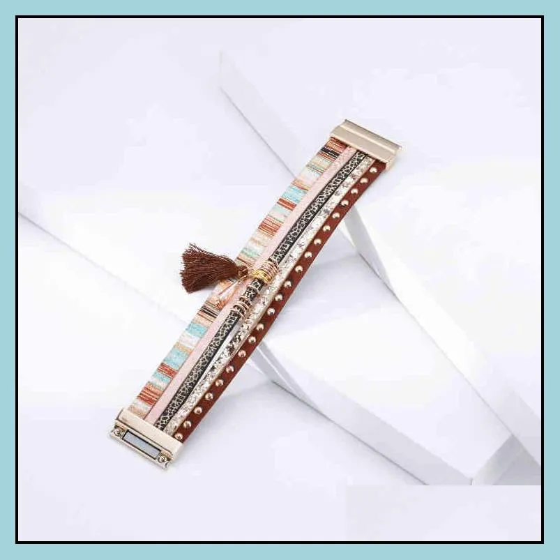 bomemia style magnetic clasp leopard leather wrap bracelet multilayer wide leather tassel cuff bracelet