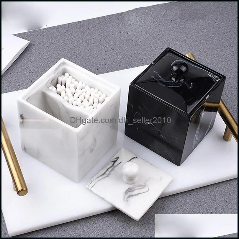 2pcs Double Grids Resin Marble Grain Pattern Cotton Swab Box Pad Case Organizer For Home