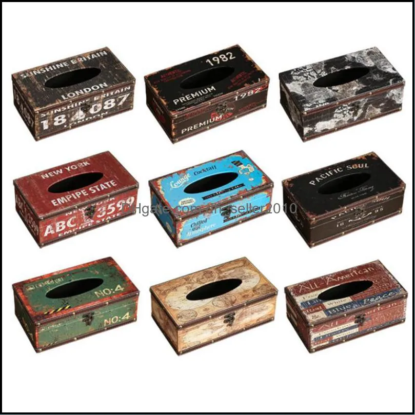 Retro Creative Container Design Iron Box Home Car Napkin Paper Wood Towel Storage Case Decor