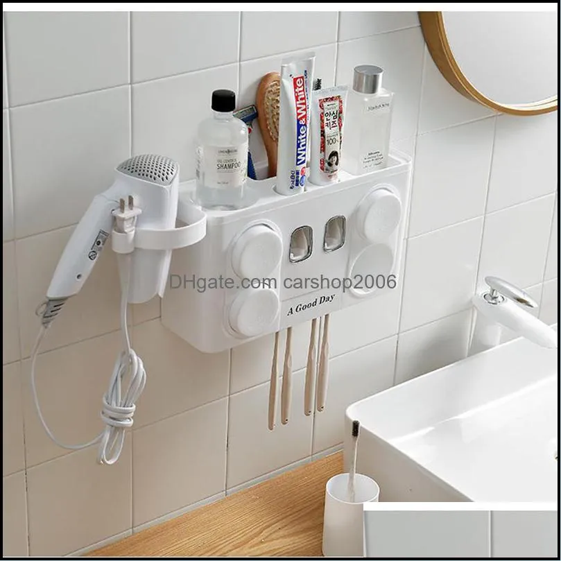 Hair Dryer Rack Automatic Toothpaste Dispenser Dust-Proof Toothbrush Holder With Cup No Nail Wall Stand