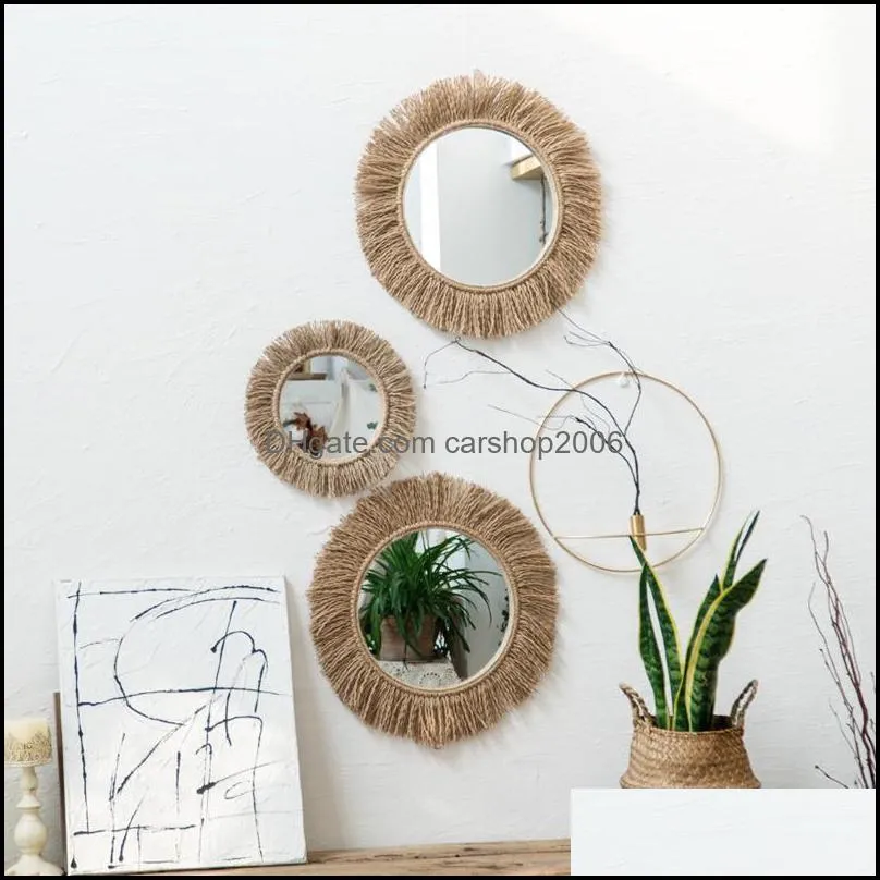 Tapestries Nordic Retro Woven Twine Mirror Art Handmade Round Homestay Living Room Decoration Coffee Shop Boho Macrame