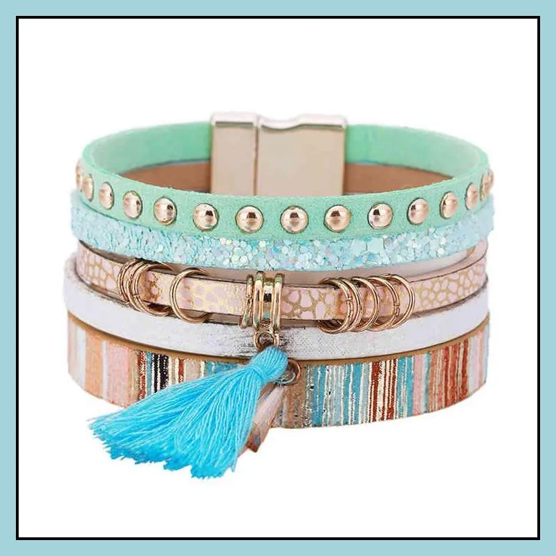 bomemia style magnetic clasp leopard leather wrap bracelet multilayer wide leather tassel cuff bracelet