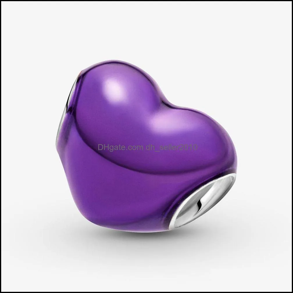 100% 925 Sterling Silver Metallic Purple Heart Charm Fit Original European Charm Bracelet Fashion Jewelry Accessories
