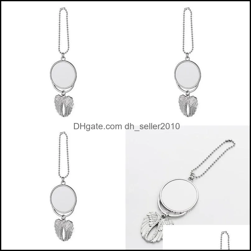 Plated Silver Metal Cars Ornaments Kirsite Hanging Charm Sublimation Blanks Angel Wing Circular Automobile Pendant 4 8mo J2