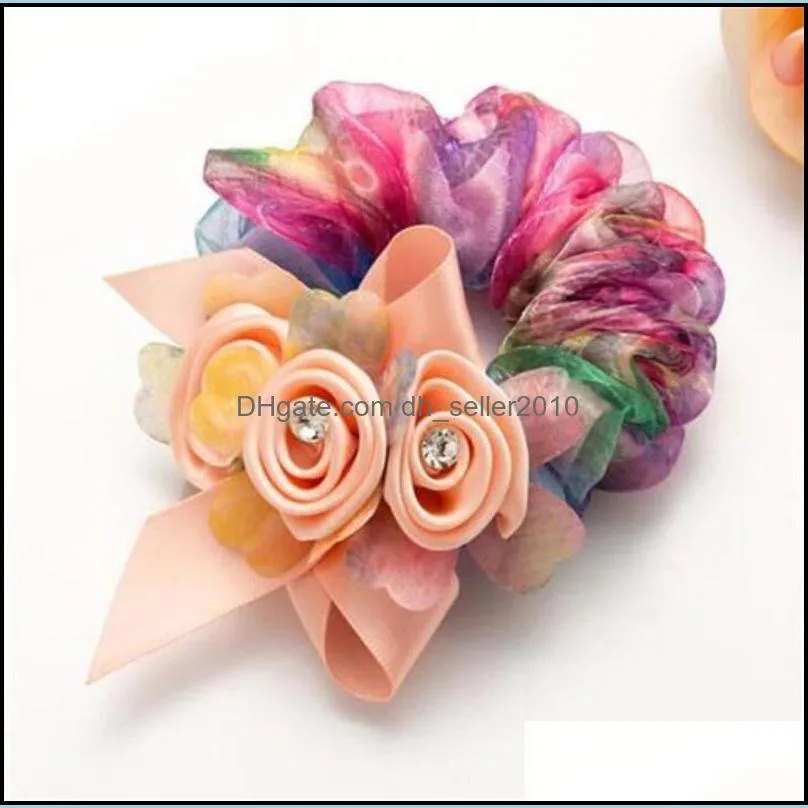 Gauze Flower Headwear Coiling Jewelry Colorful Rhinestone Elastic Force Rose Headrope Women Girl Meatball Hair Bands Accessories 2 6yy