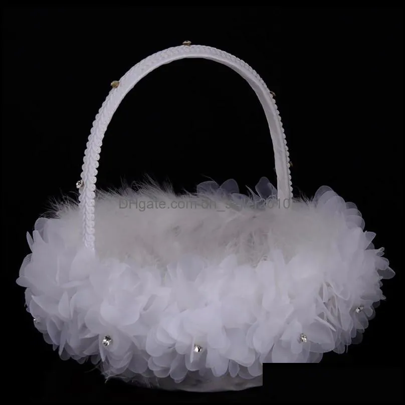 1PCS Cute Handle Flower Girl Basket White Baskets The Fabric Lace For Wedding