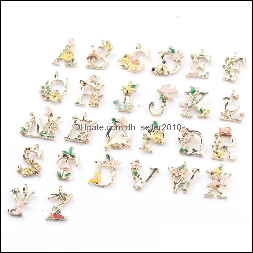 26 English Letter Charms Pendants Jewelry DIY Drop Oil Alloy Flower Art Bracelets Components Women Men Charm Fashion 0 48cw M2