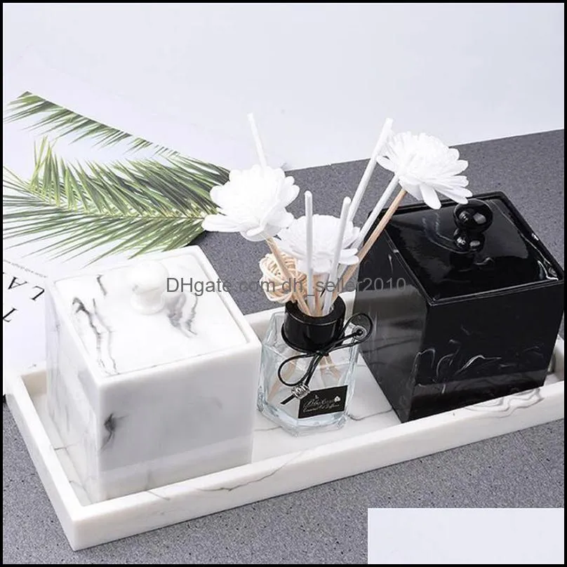 2pcs Double Grids Resin Marble Grain Pattern Cotton Swab Box Pad Case Organizer For Home