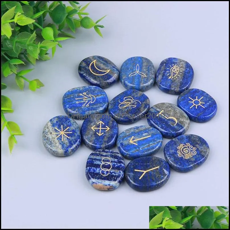 Natural Witches Runes Stones Set of 13 ,Healing Crystal with Engraved Gypsy Reiki Symbols for Meditation Divination 1981 T2