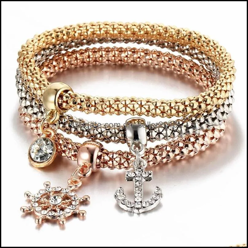 tricolor suit rhinestone charm bracelet jewelry set women pendants bangle fashion elastic force butterfly chain love heart 5 99hs f2b