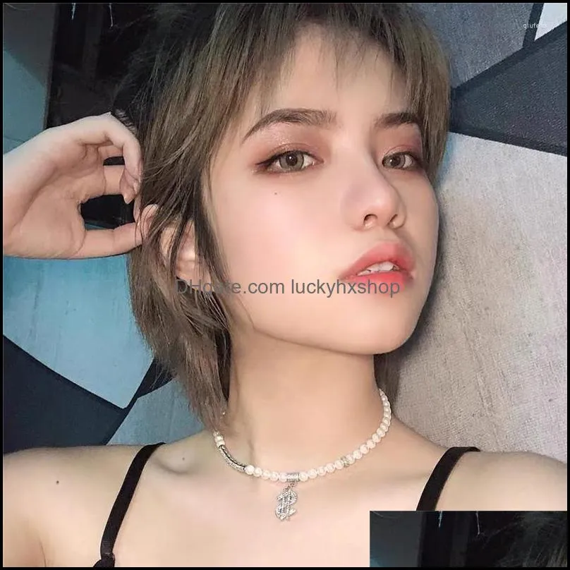 choker chokers ins necklace dollar sign diamond pearl hip hop style personality couple jumping ditu cool pendant necklacechokers