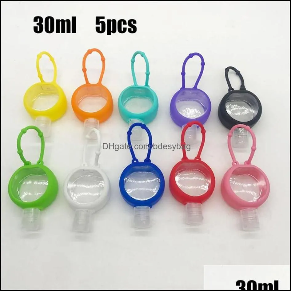 round solid color silicone baby shower hand sanitizer bottle holder portable refillable bottle cosmetic container with key ring232i