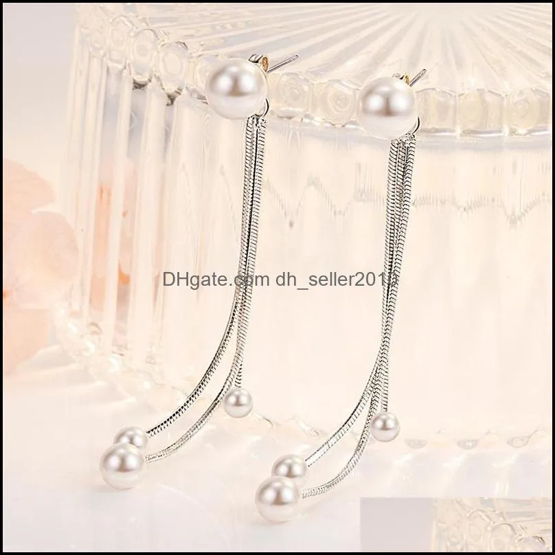 925 Sterling Silver New Women`s Fashion Jewelry Pearl Exaggerated Long Tassel Simple Rear Hanging Earrings