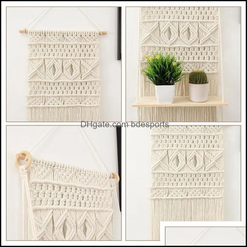 Tapestries Hand-Woven Macrame Hanging Planter Basket Wooden Shelves Bohemian Style Rack Wall Tapestry Home Room Decor