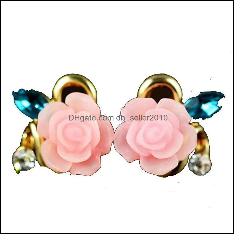 Beauty Earrings Alloy Rose Flower Stud Earrings with Crystal Cute Resin Flower Ear Stud Jewelry Women Girls Wedding Party 3541 Q2