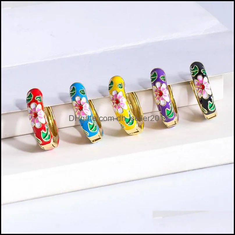 Wholesale Fashion Colorful Flower Enamel Small Earrings Gold Metal Geometric Circle For Women Charm Jewelry 3431 Q2