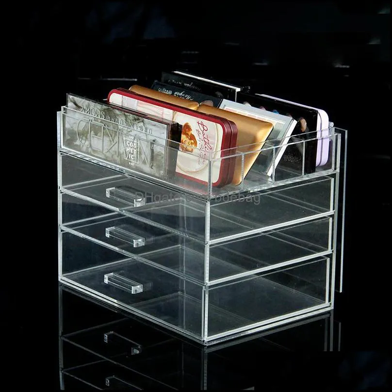 Makeup Box Transparent Acrylic Desktop Make Up Organizer Clear For Cosmetic With 3 Drawers