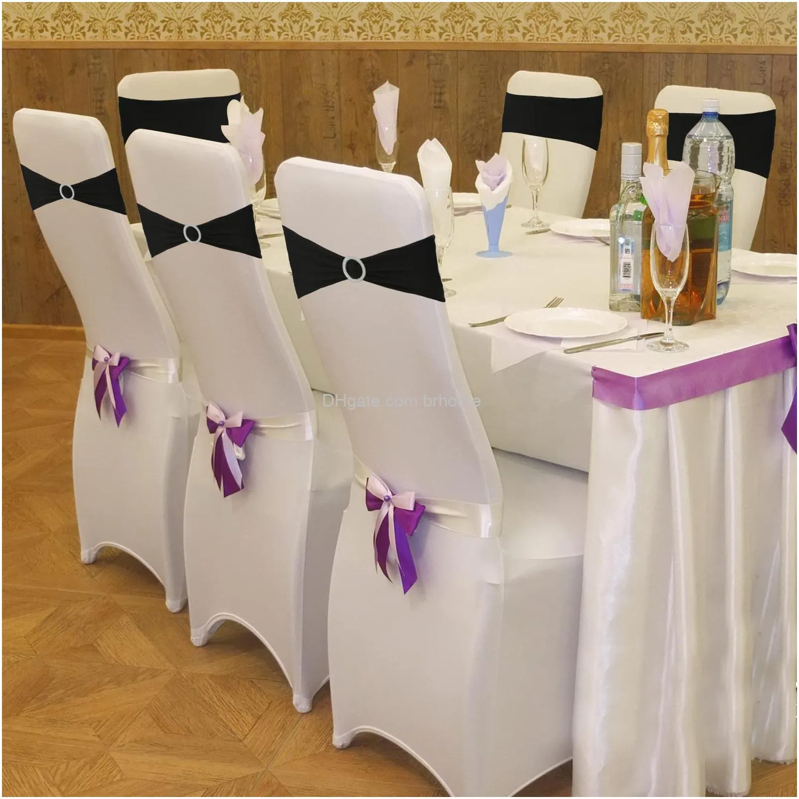 spandex chair sashes bows elastic chair cover bands with buckle slider sashes bows for wedding decorations black