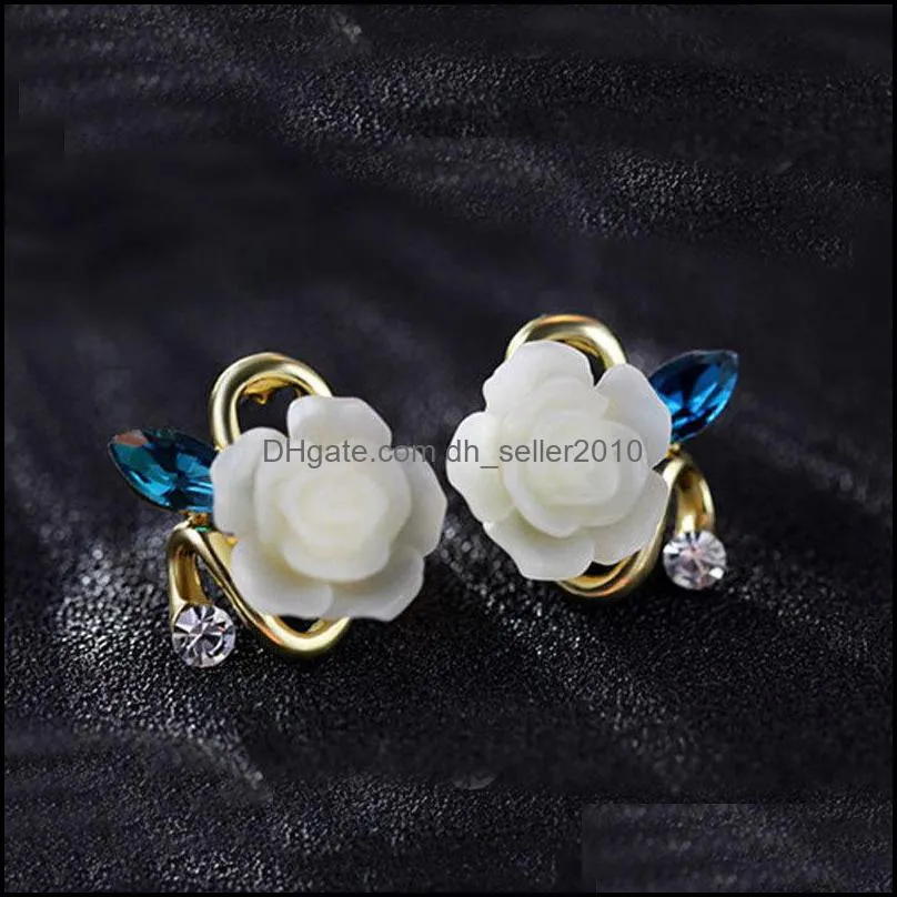 Beauty Earrings Alloy Rose Flower Stud Earrings with Crystal Cute Resin Flower Ear Stud Jewelry Women Girls Wedding Party 3541 Q2