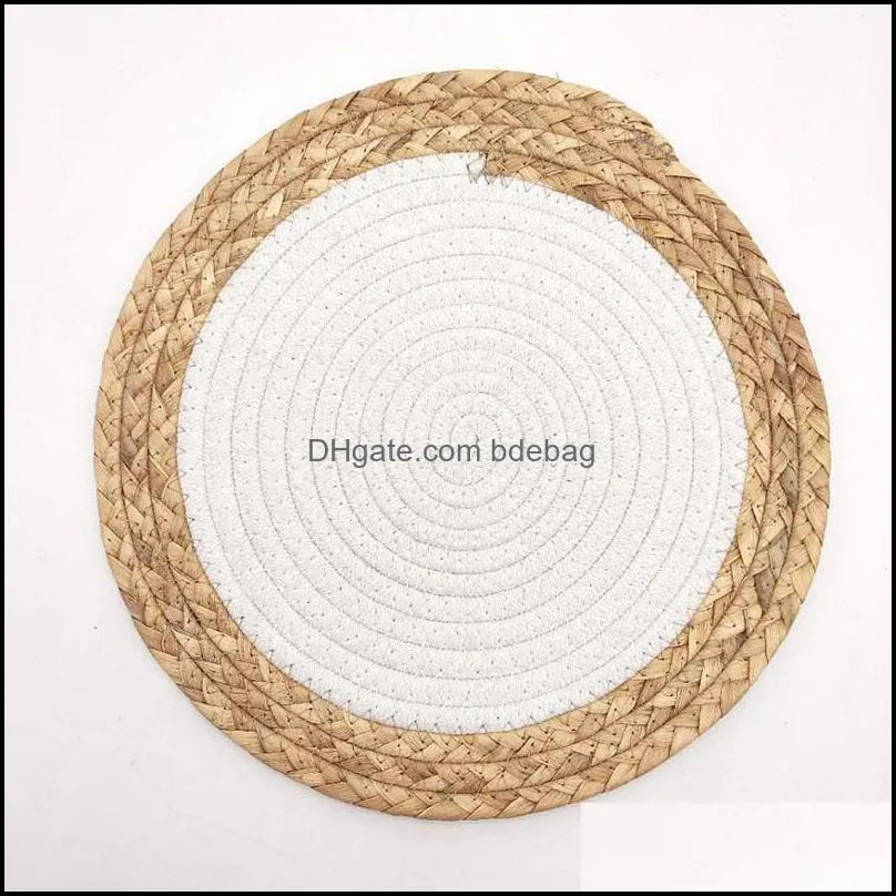 Modern Round Natural Rattan Coasters Handmade Straw And Cotton Rope Mixed Insulation Placemats Table Cup Bowl Kitchen Tool