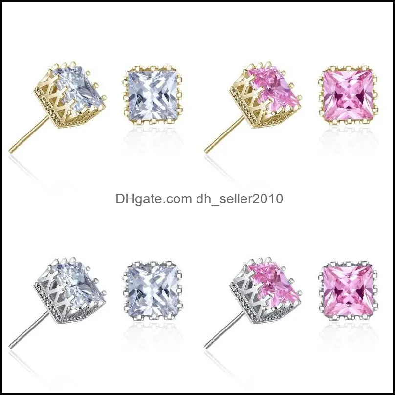 Wholesale gold plated square zircon crown stud earrings fashion party jewelry engagement gift for women mixed colors 1226 B3
