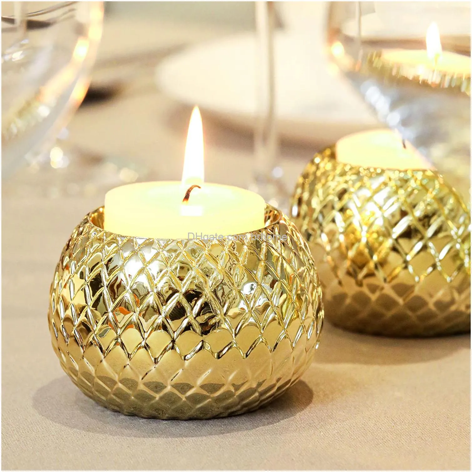 modern ceramic tealight candleholders brass tone diamond patterned round votive candle holders set of 2