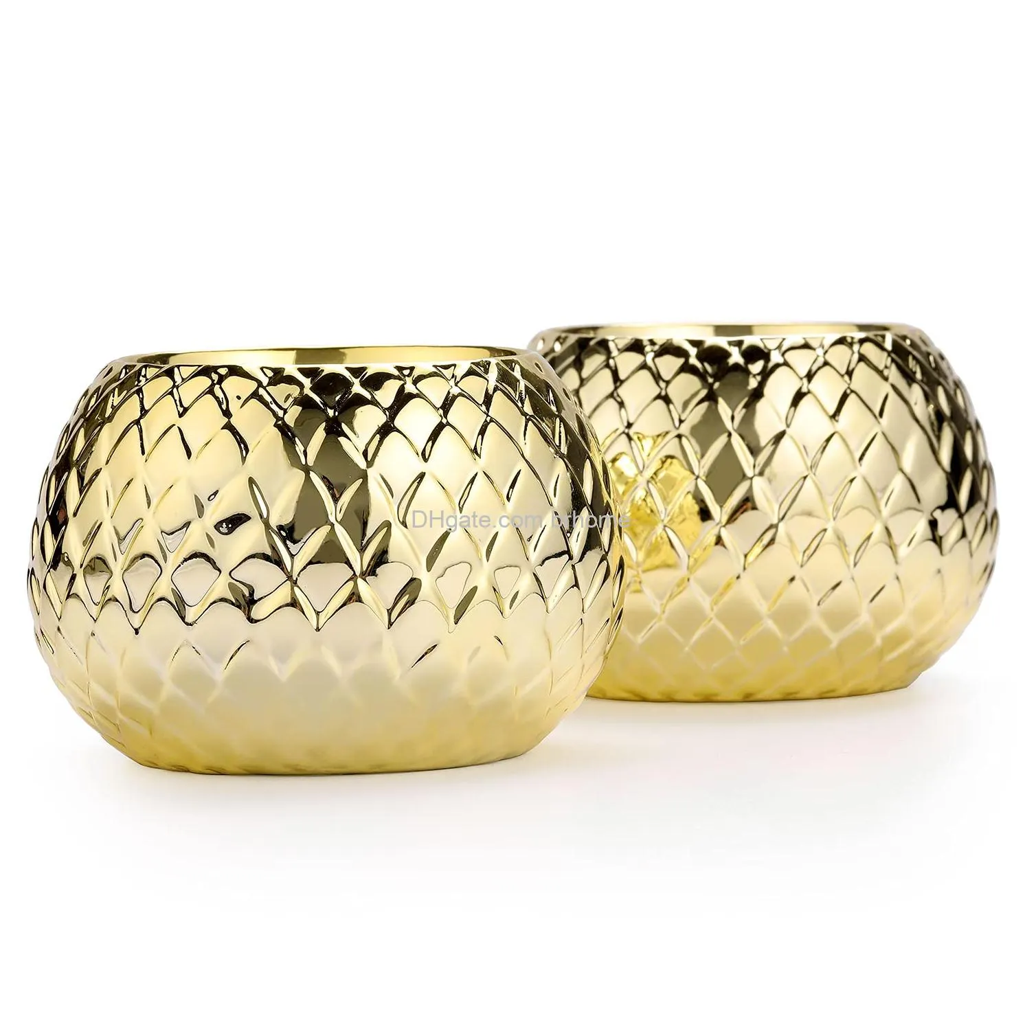 modern ceramic tealight candleholders brass tone diamond patterned round votive candle holders set of 2
