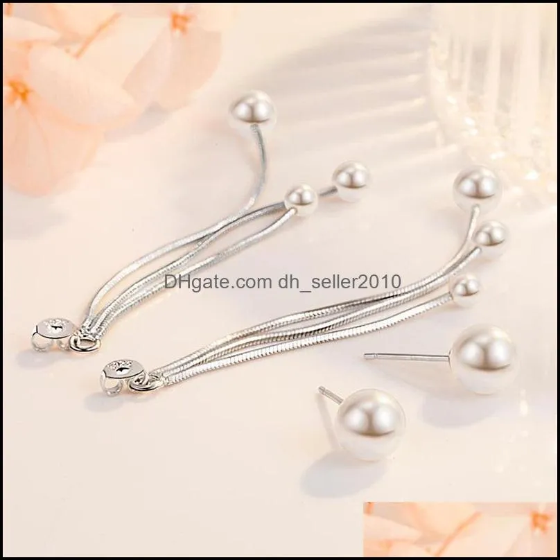 925 Sterling Silver New Women`s Fashion Jewelry Pearl Exaggerated Long Tassel Simple Rear Hanging Earrings