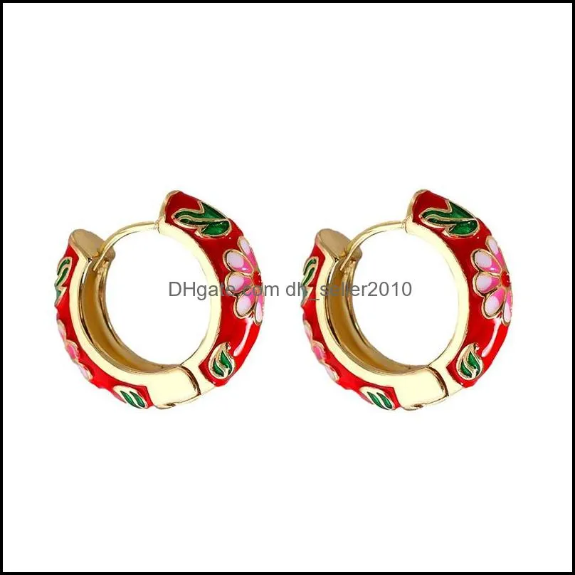 Wholesale Fashion Colorful Flower Enamel Small Earrings Gold Metal Geometric Circle For Women Charm Jewelry 3431 Q2