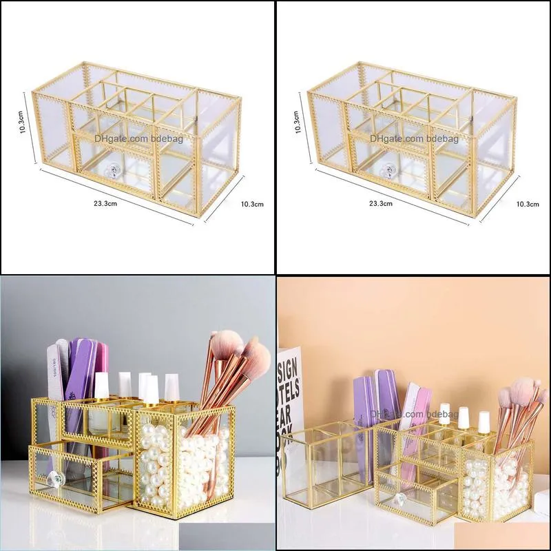 Glass Makeup Organizer Cosmetic With Golden Covered Edge Pencil Box Perfume Tools Lipstick