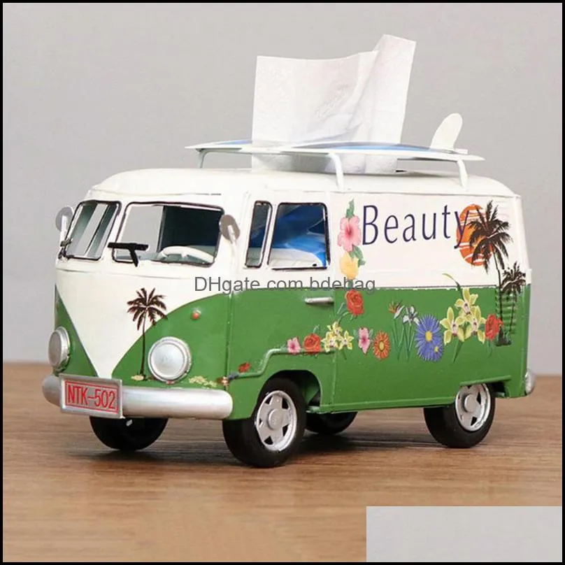 Retro Box Wrought Iron Creative Industrial Wind Bus Desktop Decor Paper Ornaments For Home Living Room