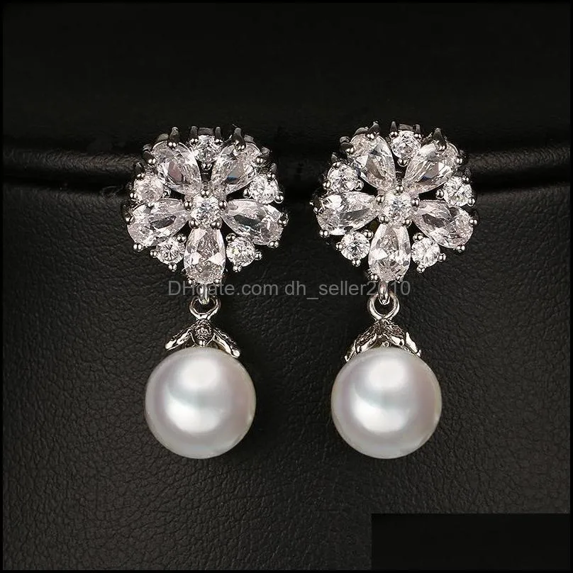 Classic Marquise Zircon Hang Simulated Pearl Wedding Drop Earrings For Women Luxury Crystal Bride Party Jewelry Gift brinco