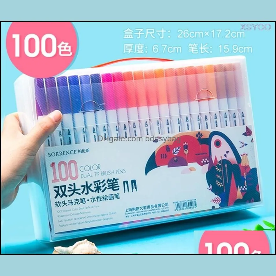 48/60/72/100colors watercolor brush sketch marker pen dual head washable calligraphy pen for drawing manga children graffiti 201126