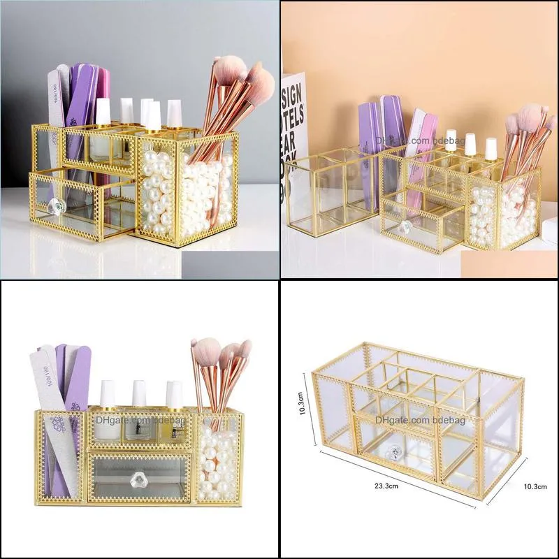 Glass Makeup Organizer Cosmetic With Golden Covered Edge Pencil Box Perfume Tools Lipstick