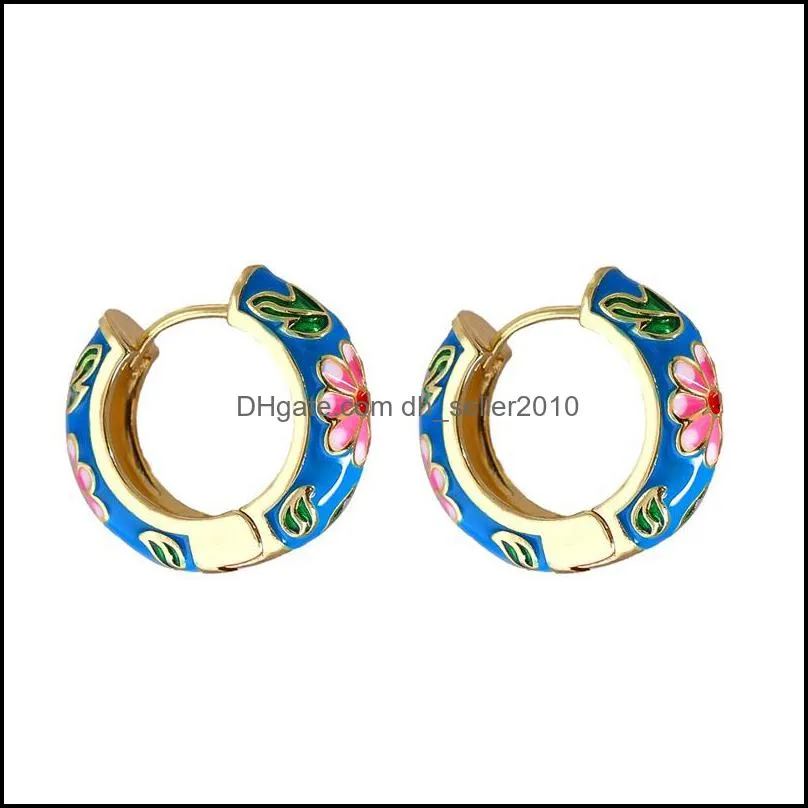 Wholesale Fashion Colorful Flower Enamel Small Earrings Gold Metal Geometric Circle For Women Charm Jewelry 3431 Q2