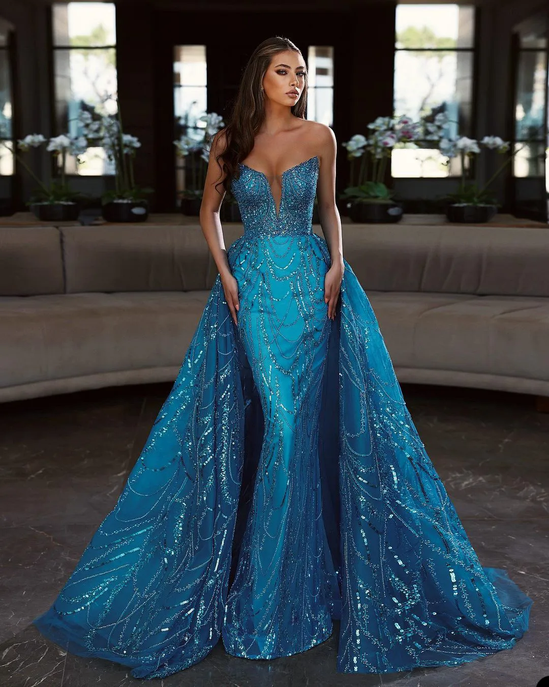 Sparking Strapless Mermaid Prom Dresses Sequined Lace Sleeveless Party Dresses with Overskirts Custom Made Evening Dress