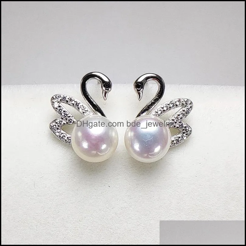 Cultured Pearl Earrings 925 Silver Stud Earrings Summer Style 7-8mm Zircon Earrings for Women Girl DIY Wedding Girlfriend Gift Pearl