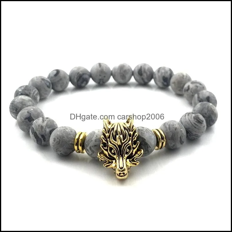 8mm Smooth Map Stone Beads Bracelet Natural Stone Two Color Dragon Head Charm Bracelets for Men Women Jewelry