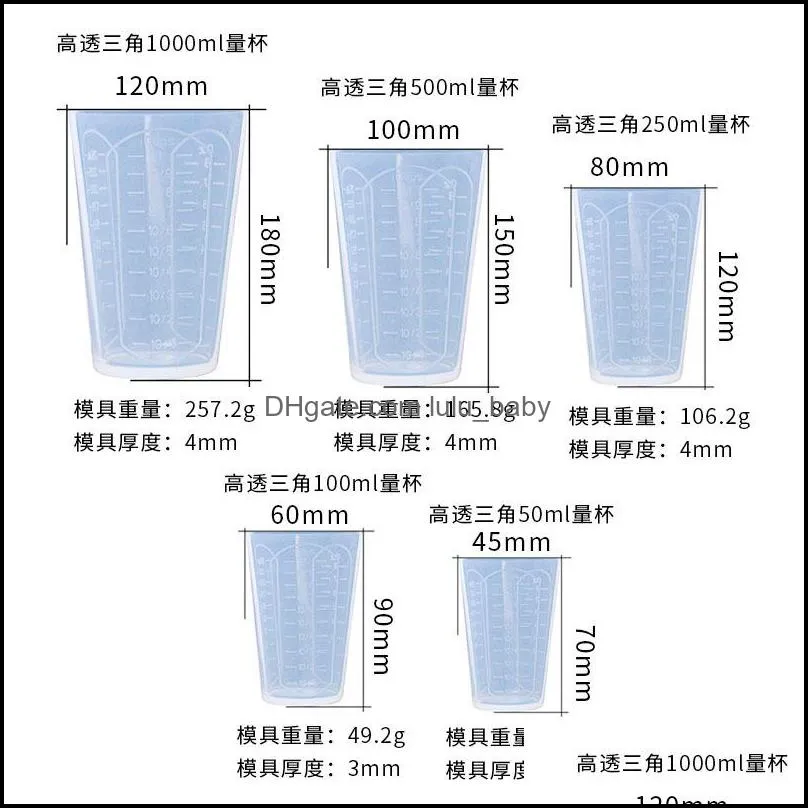 Silicone Measuring Cups Reusable Triangle Mixing Cups Durable Easy Clean for Epoxy Resin Casting Molds 50ml 100ml 250ml 500ml Jewlery Making