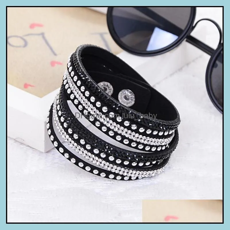 Crystal Bracelet for Women Slake Deluxe Leather Wrap Wristband Cuff Punk Bracelet Bangles Fit Party Best Gift 18 Colors