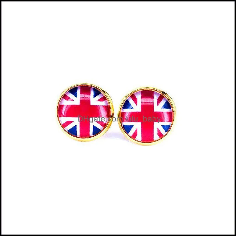 National Flag Stud Earring Russia Spain France Flag Earring 10mm Glass Gem Cabochon silver and gold plated Copper Jewelry B18124