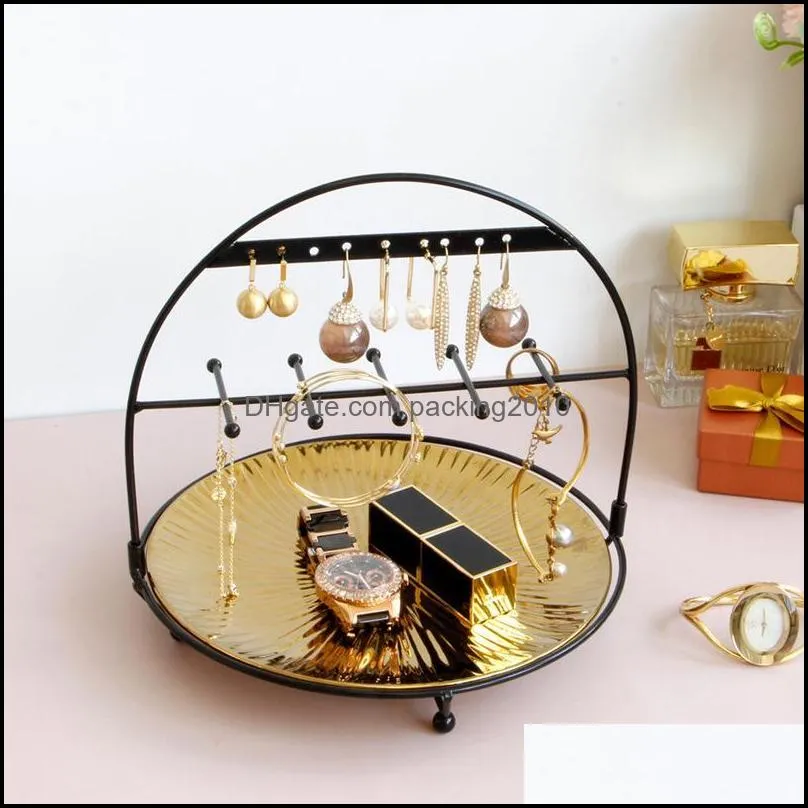 Gold Ceramic Tray Iron Makeup Organizer Jewelry Watch Key Holder Cosmetic Ring Lipstick Rack Necklace