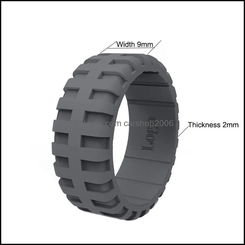 Silicone Rings Tire Tread Design Rubber Wedding Bands for Men 9.0mm Wide with Groove Flexible Silicone Wedding Ring