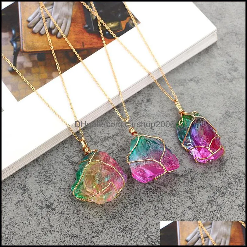 Natural Stone Pendant Necklace Irregular Rainbow Crystal Necklace Slice Pendant Sweater Chain Necklace Jewelry for Women Christmas
