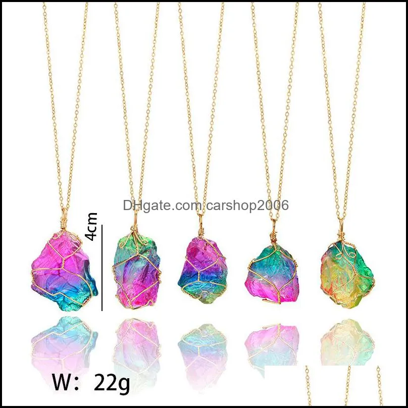 Natural Stone Pendant Necklace Irregular Rainbow Crystal Necklace Slice Pendant Sweater Chain Necklace Jewelry for Women Christmas