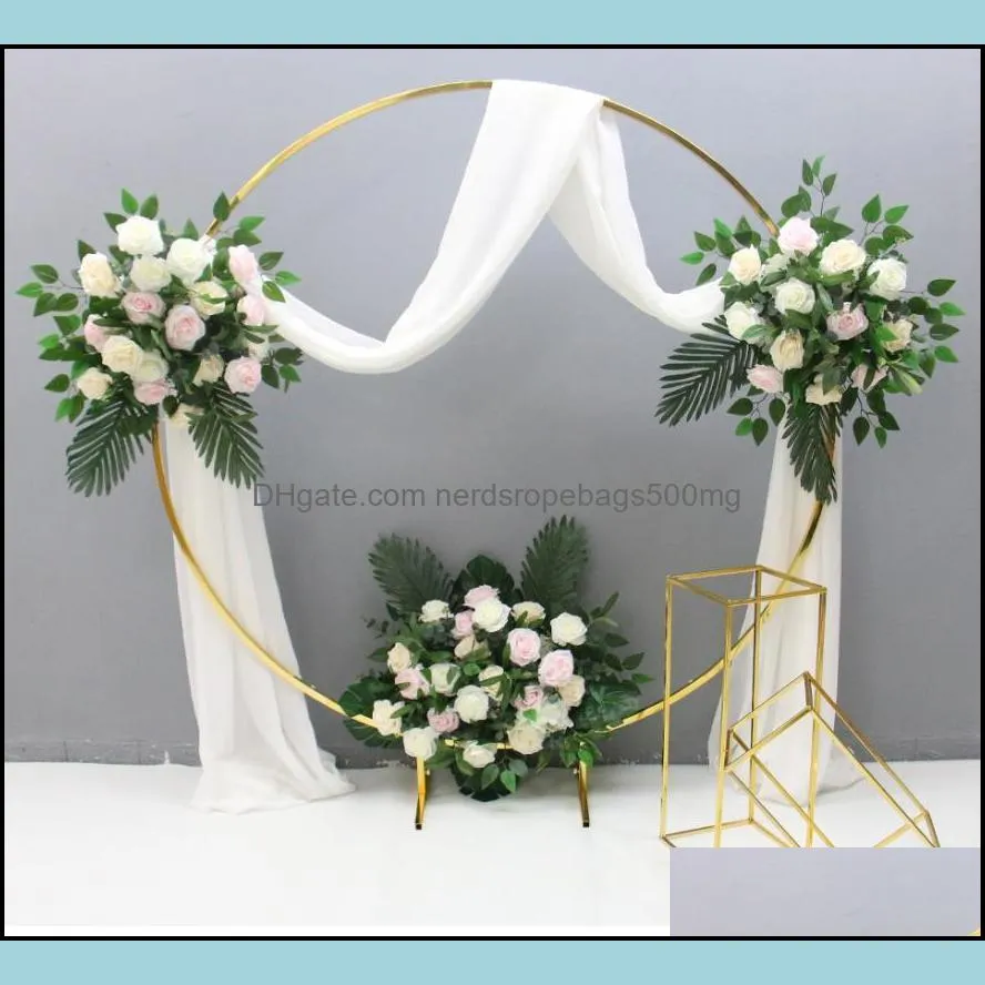 2 PCS Shiny Gold Iron Circle Flower Arch With Plinth Table Pillar Cake Stand Floral Holder For Wedding Backdrops