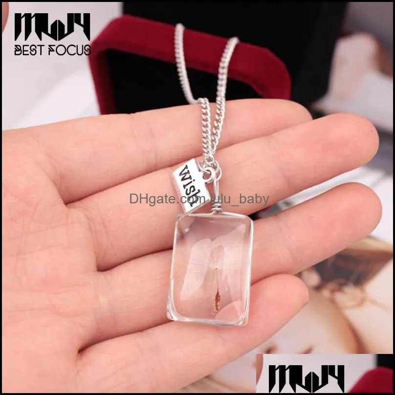 Dandelion Wish Necklace Real Flowers Pendants Silver Chain Necklace Women Vintage Jewelry Bohemian Crystal Necklaces