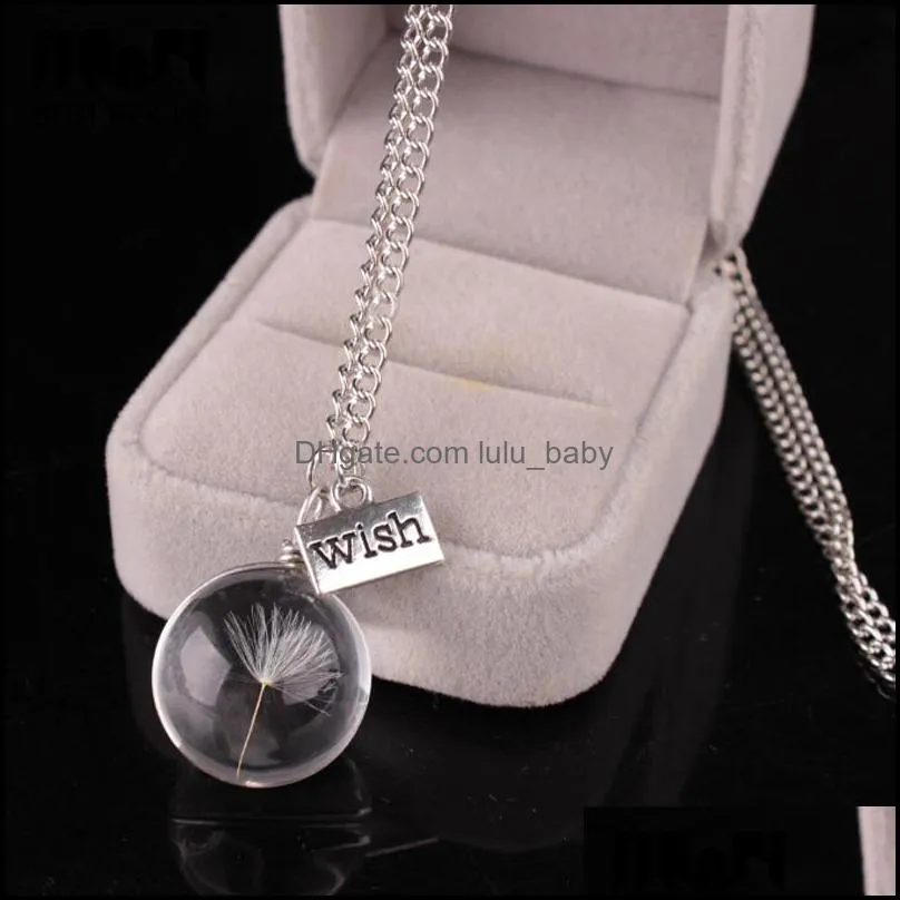 Dandelion Wish Necklace Real Flowers Pendants Silver Chain Necklace Women Vintage Jewelry Bohemian Crystal Necklaces