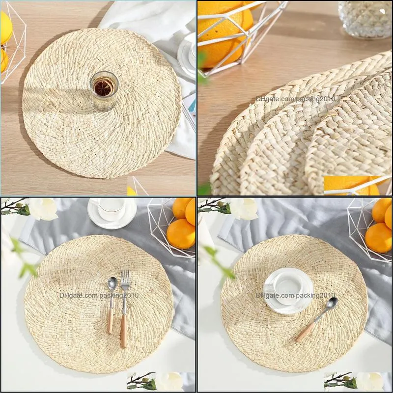 Natural Corn Husk Placemats Hand-Woven Thick Thermals Insulation Pad Round Western Food Cups And Plates Bowl Lpfk