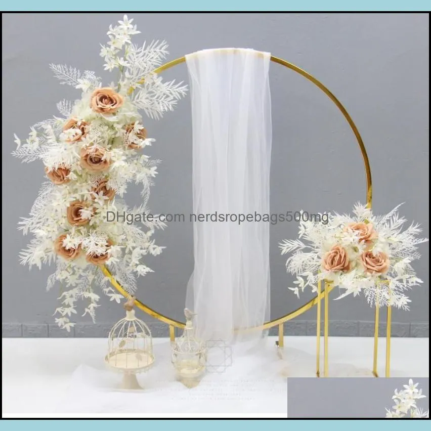 2 PCS Shiny Gold Iron Circle Flower Arch With Plinth Table Pillar Cake Stand Floral Holder For Wedding Backdrops